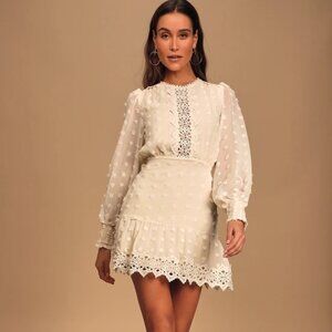 Just Me Embroidered White Lace Long Sleeve Dress